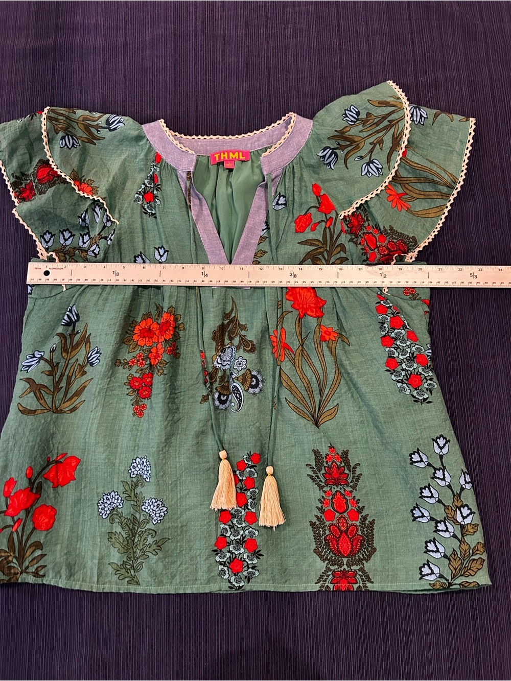 THML Clothing Green Floral Peasant Tunic Blouse with Ruffle Sleeves, Tassels L - Picture 10 of 16